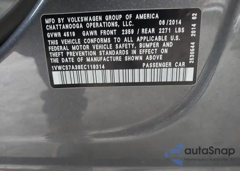 2014 Volkswagen Passat 1.8T Sel Premium from USA, damaged, VIN 1VWCS7A38EC119314